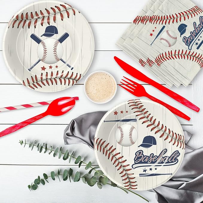 Baseball Party Decorations Tableware, Baseball Birthday Baby Shower Party Supplies Dinnerware Include Paper Plate, Cup, Napkin, Tablecloth, Cutlery, Straw, Serves 24