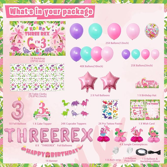 Pink Dinosaur Birthday Decorations for 3 Year Old Girls, 134 Pcs Three Dino Rex Girl Dinosaur Party Supplies for Girl - Backdrop, Toppers, Tablecloth, Centerpieces, Banner, Crown, Poster
