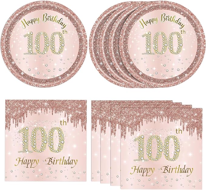 40PCS 100 Birthday Decorations for Women Vintage Rose Gold 100 Years Old Birthday Disposable Tableware Kit Include Paper Dessert Plates Napkins for Anniversary 1926 100th Rose Gold Party Supplies