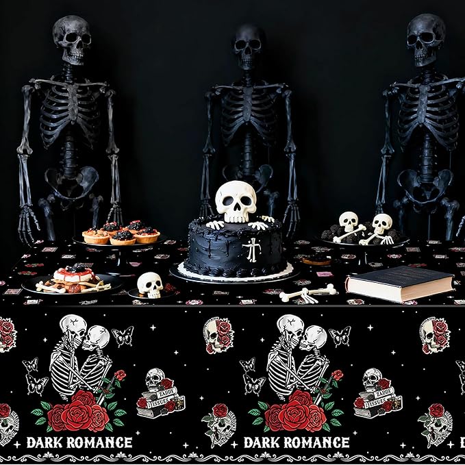 3Pcs Dark Romance Party Tablecloths - Skull Rose Gothic Party Table Cover Decoration Book Lover Theme Rectangular Plastic Disposable Table Cloth Decor for Kid Boy Girl Gothic Birthday Book Lover Event