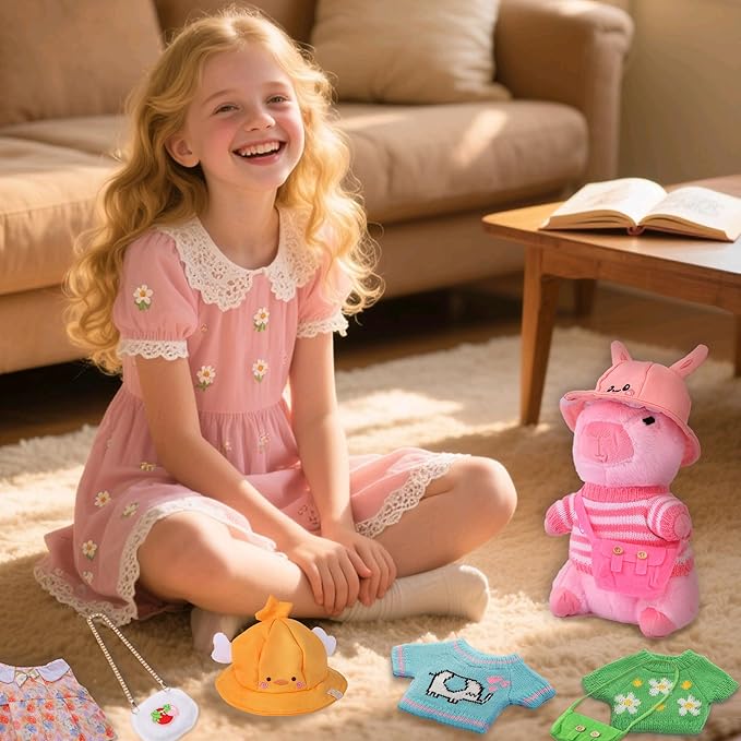 Cute Capybara Plush Toy with 10 pcs Clothes & Accessories, Dress Up Capybara Stuffed Animal Plush Toys, 10.2 in Capybara Plushies for Girl Boy Birthday