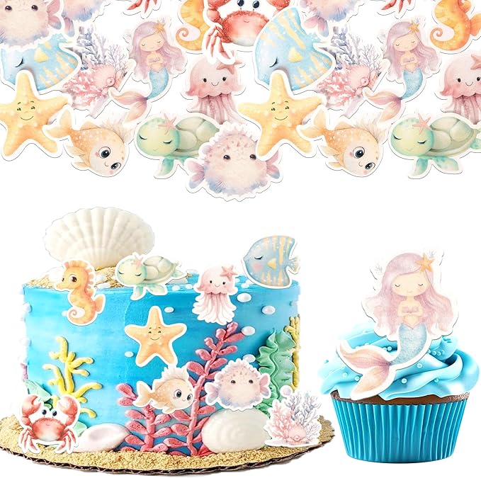 60 PCS Edible Ocean Animal Cupcake Toppers Sea Ocean Birthday Cake Decorations Edible Turtles Octopus Seahorse Crab Starfish Mermaid Cupcake Picks for Under the Sea Theme Baby Shower Party Supplies