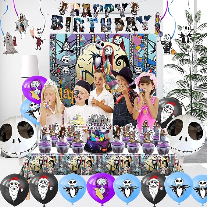 Birthday Party Decorations, Magical Wizard Pirate Halloween Horror Night Themed Party Supplies - Happy Birthday Banner, Balloons, Backdrop, Tablecloth, Cake Inserts Set-Black