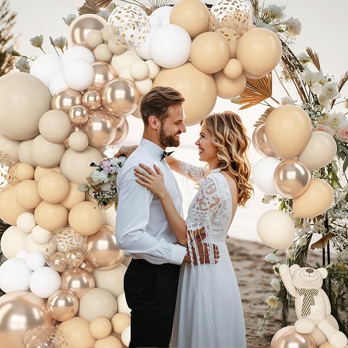 Amandir 153pcs White Sand Balloon Arch Garland Kit, Different Sizes 18 12 10 5 inch Beige Nude Neutral Metallic Champagne Gold Confetti Balloons for Boho Bridal Baby Shower Birthday Party Decorations