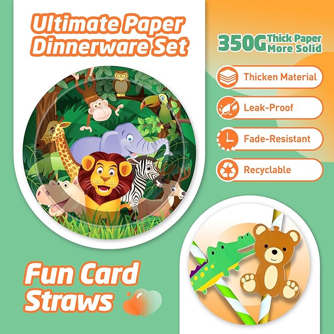 146Pcs Jungle Wild Animal Plates and Napkins Jungle Safari Party Supplies Includes Plates, Napkin, Fork, Cup, Straw, Tablecloth, Banner for Woodland Baby Shower Birthday Party Decorations, Serves 24