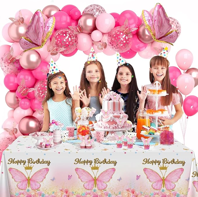 Butterfly Decorations for Girls, Pink Butterfly Themed Birthday Decorations Party Supplies with Balloon Arch Kit Backdrop Banner Foil Balloons Wall Decor, Princess Baby Shower Bday Party