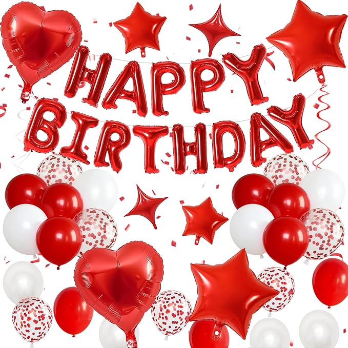 Red White Birthday Decorations for Women Girls Dark Red Metallic Pearl Whte Confetti Party Balloon Happy Birthday Banner Heart Foil Balloons 18/10 Inch Star Balloons for Bday Party Supplies