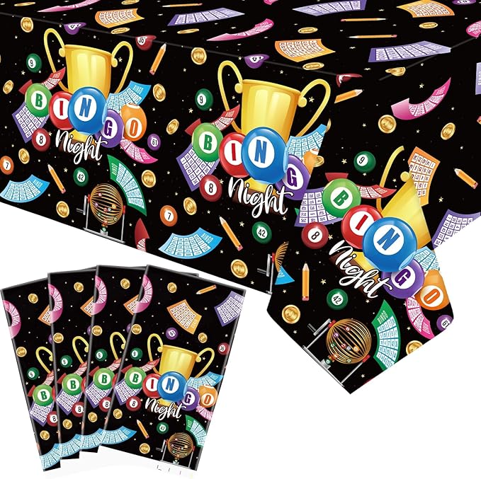 4 Pack Bingo Party Tablecloth Decoration - Bingo Party Decorative, Bingo Night Tablecover Table Cloth, for Game Night Supplies (51 x 86 Inches)