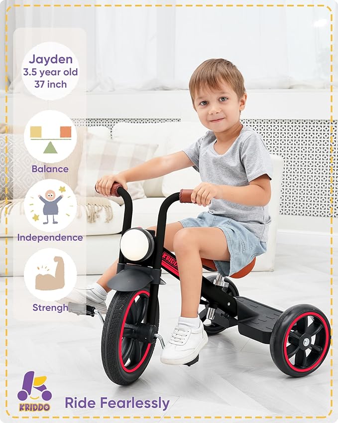 KRIDDO Kids Tricycle, 12 Inch Puncture Free Wheel w Front Light, Adjustable Seat Height, Gift for 2-5 Year Olds, Trike for Toddlers, Black