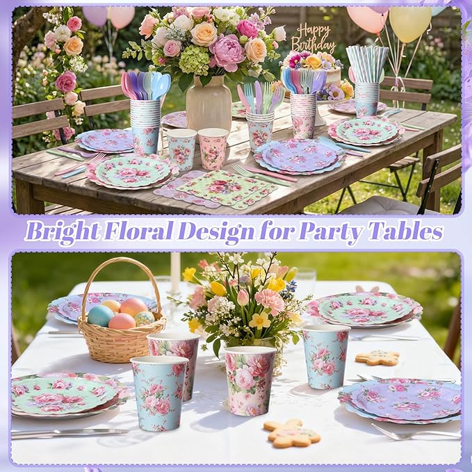 450 Pcs Vintage Floral Tableware Set Tea Party Decorations Floral Paper Plates Disposable Napkins Cups Cutlery Straws for Tea Party Birthday Baby Bridal Shower Wedding Supplies, Serves 50