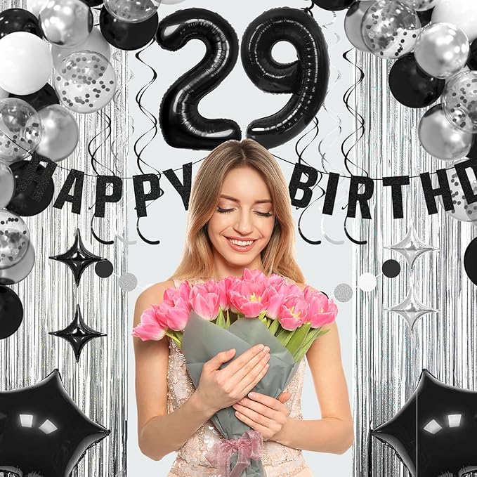 29th Birthday Decorations for Men Women- Black Silver Happy 29th Birthday Party Decor With Banner Backdrop,Number 29 Foil Balloon -Black White Balloons Garland Arch Kit for 29 Years Old