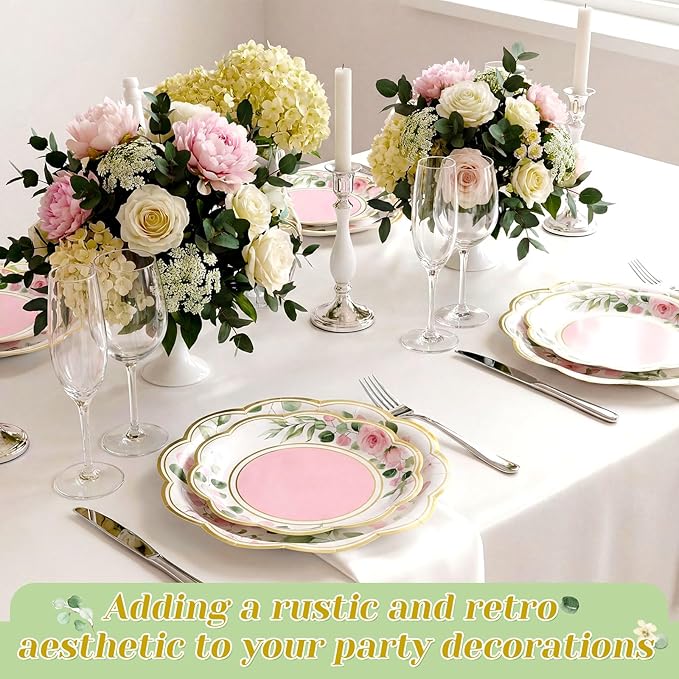 60 Pcs Eucalyptus Paper Plates 9 in and 7 in Pink Dessert Party Plates with Gold Rim Disposable Floral Shape Tableware for Wedding Birthday Party Baby Shower Bridal Shower