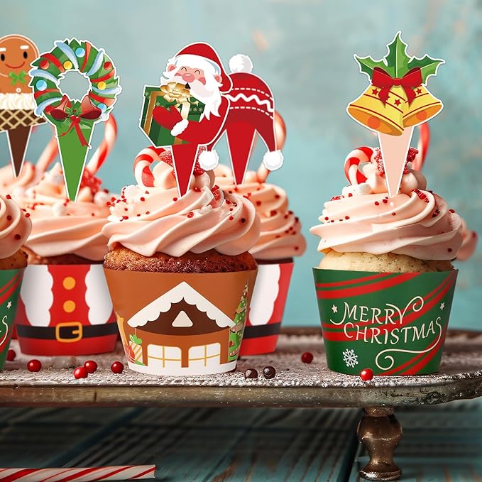48 Pack Christmas Cupcake Toppers and Wrappers, Snowman Santa Claus Reindeer Cake Decoration for Christmas Theme Party Birthday Party Supplies
