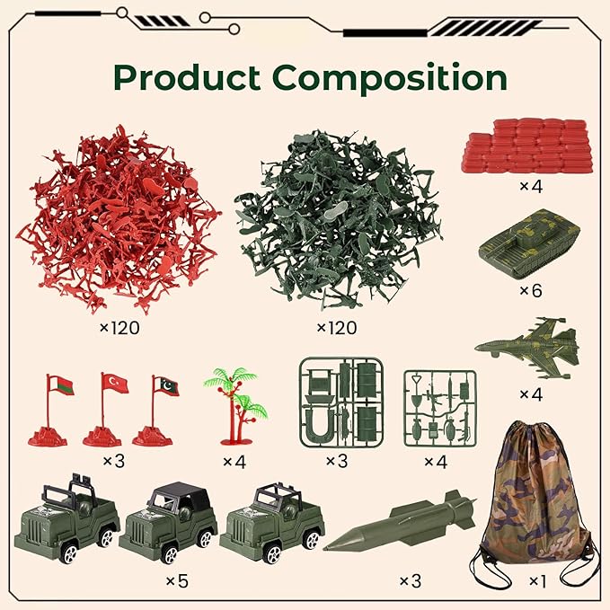 AMOR PRESENT 277 PCS Army Men Military Playset, Army Men Toys for Boys 8-12, Military Soldier Playset Plastic Toy Soldiers Figures and Accessories with Handbag, Christmas Stockings Gift for Kid