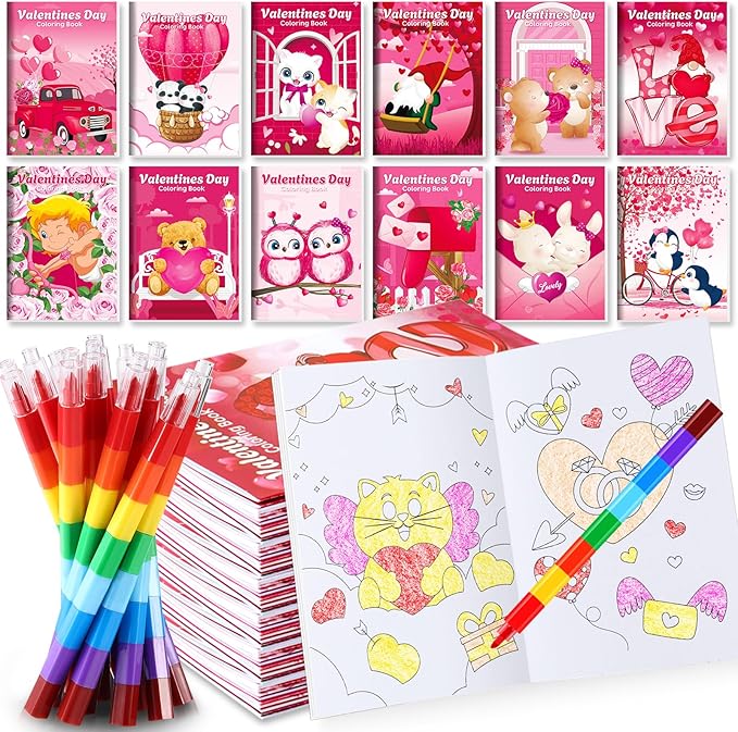 BenLouis 12 Valentines Day Mini Coloring Books Kids with 12 Stacking Crayons Valentine's Day Party Favors Small Activity Books Bulk for Kids Valentine's Classroom Party Gift Goodie Bag Stuffers