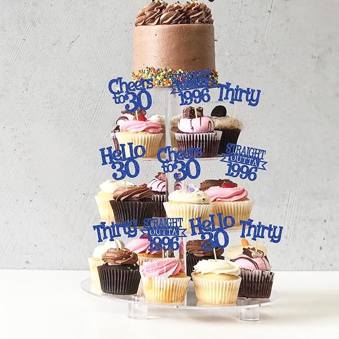 Ephlyn 24Pcs Happy 30th Birthday Cupcake Toppers Glitter Thirty Cupcake Picks Hello 30 Cheers to 30 Years Cake Decorations for 30th Birthday Anniversary Party Decorations Supplies Blue