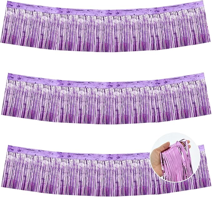 BEISHIDA 3 Packs Metallic Foil Fringe Garland Light Purple Wall Hanging Tinsel Fringe Banners for Car Floats Bridal Shower Wedding Birthday Easter Graduation Holiday Party Decoration(30 Feet)