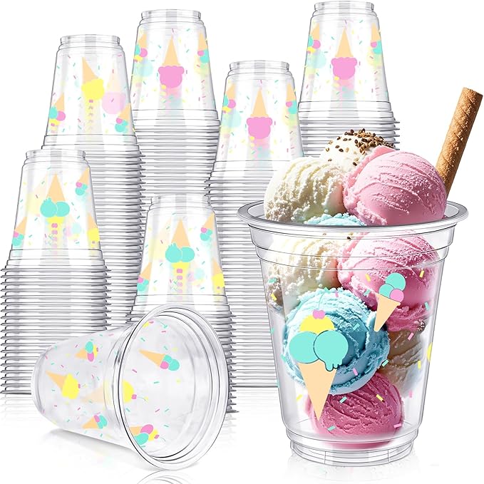Uiifan 50 Pcs Ice Cream Party Supplies Sprinkle Ice Cream Cups Bulk Sweet One Birthday Party Decorations Disposable Clear Plastic Drinking Cups for Dessert Hot Cold Coffee Wedding Favor Baby Shower