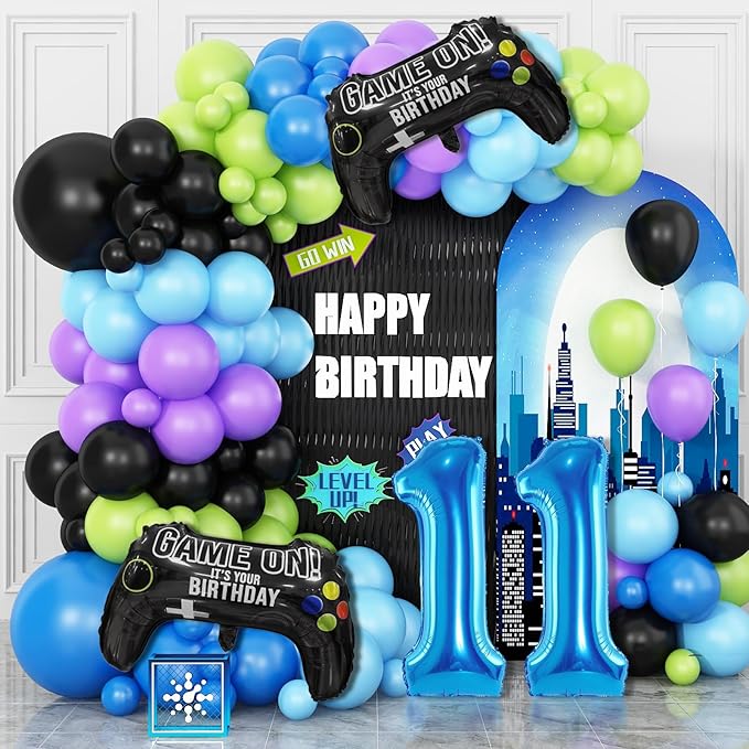 11th Birthday Video Game Balloons Arch, 11th Game Party Balloons Garland Kit 11th Game Birthday Supplies with Blue Number 11 Balloon Game Foil Balloons for 11 Year Old Teens Boys Birthday Decor