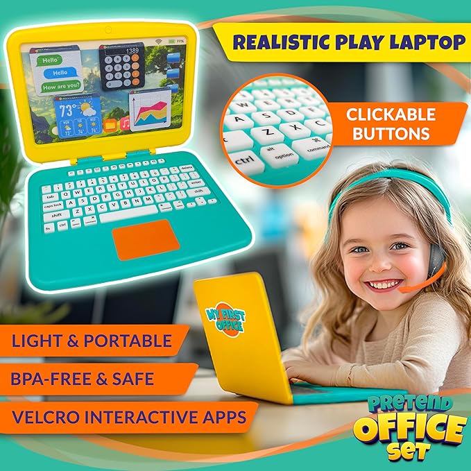 Pretend Play Home Office Set for Kids Ages 3-5-7 | Features Toy Laptop Computer, LCD Writing Tablet, Pop Fidget Calculator, Cell Phone, Headset & Toddlers Beverage Cup