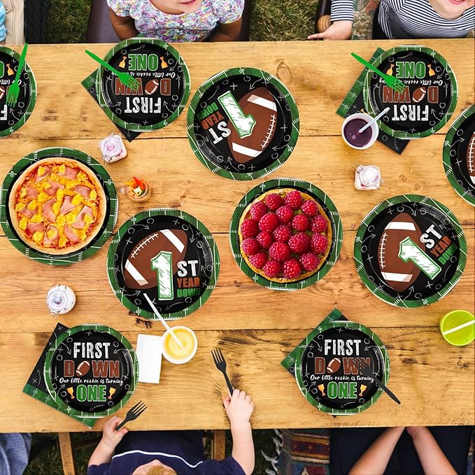 Grencian 96Pcs Football Party Decorations First Down Football Birthday Party Plates Disposable 350GSM Football Paper Tableware Set for Gameday Boys 1st Football Birthday Party, Serves 24