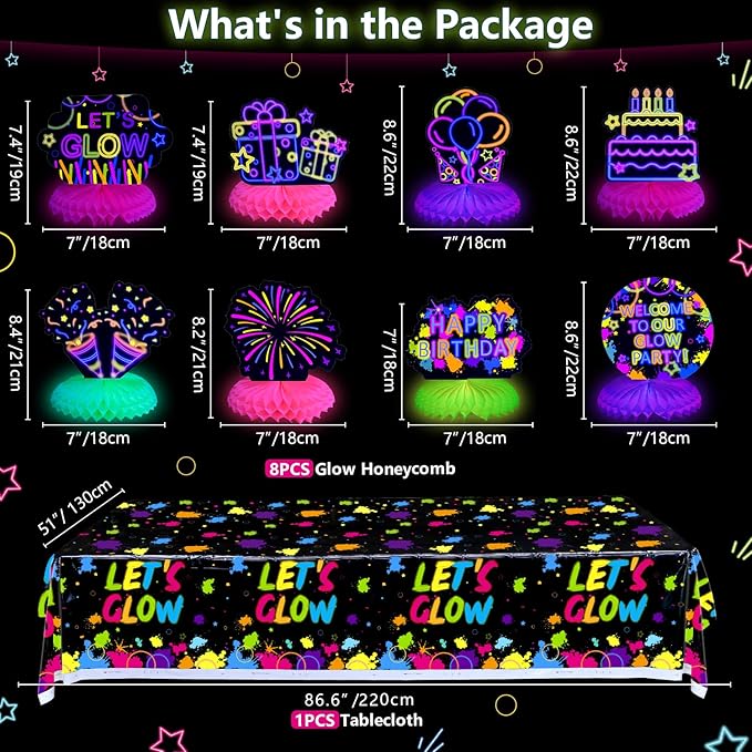 10 Pieces Glow in The Dark Party Table Decorations, Neon Table Honeycomb Centerpiece and Let's Glow Tablecloths Set - Black Light Table Topper Neon Decorations for Kids Glow in Dark Party Supplies