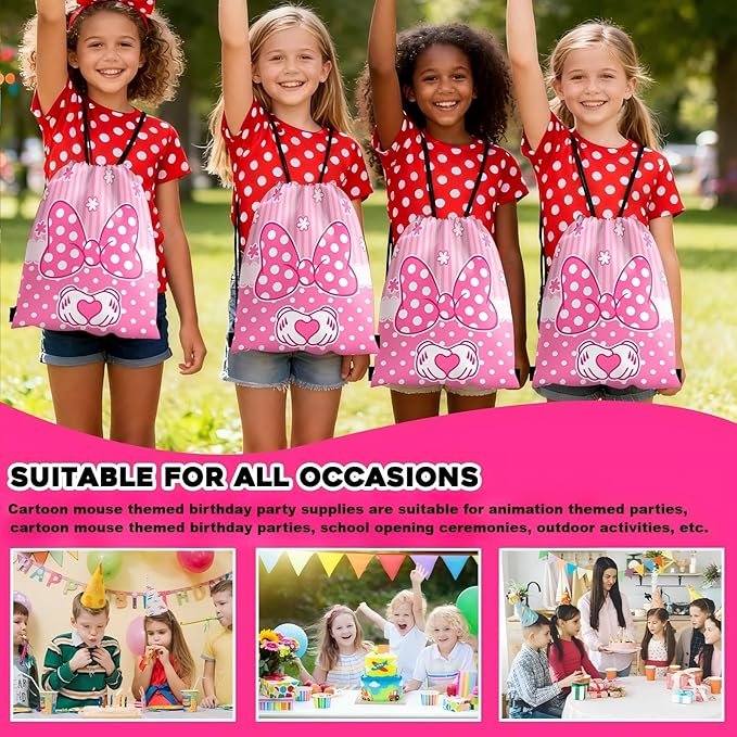Pink Cartoon Mouse Party Favors, Animation Themed Birthday Party Supplies & Goodie Bags for Kids, Include Drawstring Bags Notebook Silicone Bracelet Highlighter for Gifts Fillers