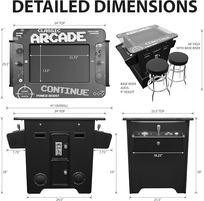 Full-Size Creative Arcades, Commercial Grade Cocktail Arcade Machine, 60 Classic Games, 2 Sanwa Joysticks, Included Stools, 26" Screen, Arcade Riser, 3Year Warranty, Top Square Glass