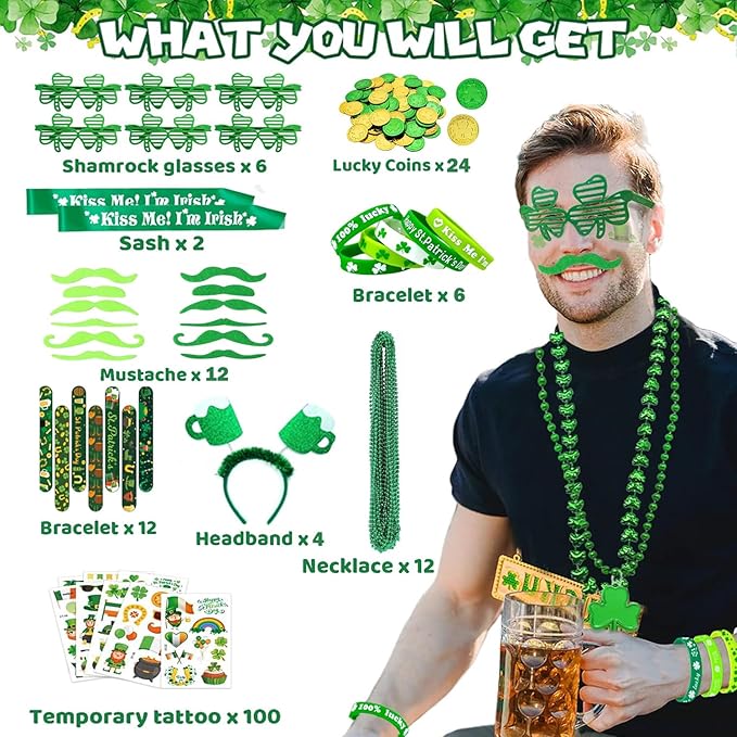 LSCQYYCC- St. Patrick's Day party gift set, including shamrock glasses, soft rubber bracelets, beaded chains, mustaches, hair bands, and Irish-themed party supplies with themed stickers