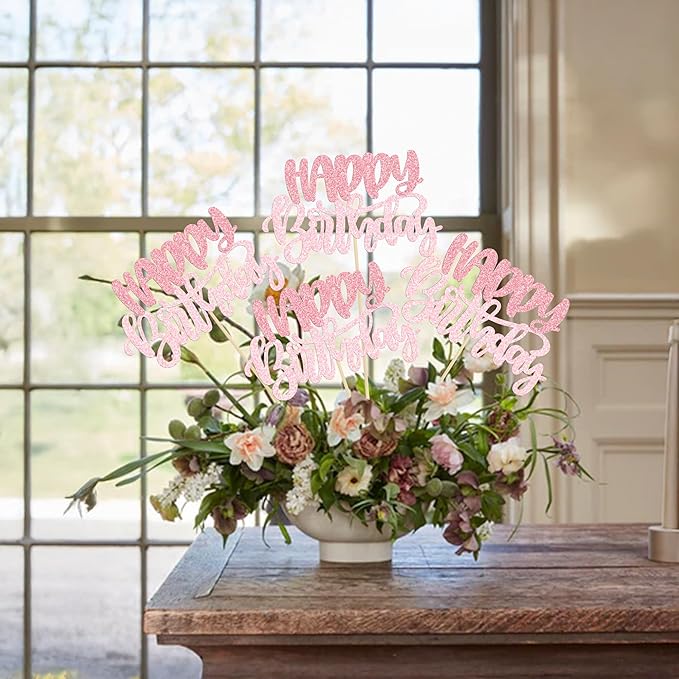 Gyufise 12Pcs Happy Birthday Centerpieces Sticks Double Sided Glitter Birthday Party Decorations Anniversary Table Flower Centerpiece for Celebrating Party Supplies Pink Light Pink