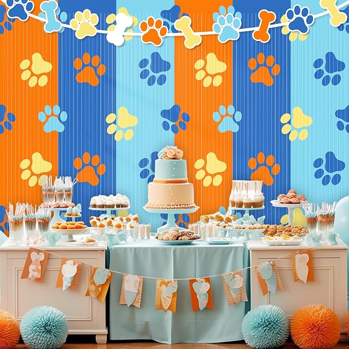 2 Packs Dog Fringe Curtains 3.3 x 6.6 ft Dog Paw Foil Fringe Backdrop Orange Light Blue Tinsel Streamers for Baby Shower Birthday Party Supplies Decorations