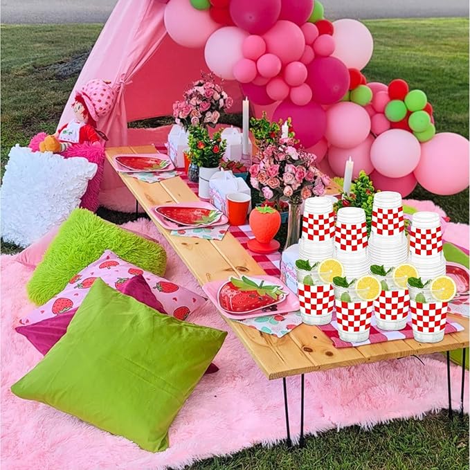 50Pcs Red and White Checkered Cups, 12oz Red Checkered Disposable Clear Plastic Cups Gingham Party Cup for Wedding Valentines Home Supplies Birthday Party Decorations