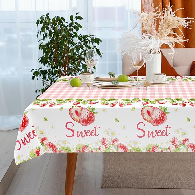 3Pcs Strawberry Tablecloth, 54 x 108 Inch Pink Checkered Plastic Tablecloth, Berry Sweet One Table Covers for Baby Shower, Strawberry Birthday Party, Berry First Birthday Decorations