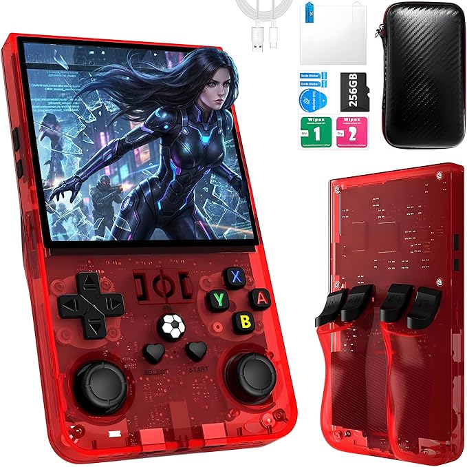 R36MAX Handheld Game Console, 40000+ Games Retro Gaming Console, 256GB TF Card Mini Retro Video Console, 4000mAh Rechargeable 4.0" IPS HD Screen Portable Pocket Arcade (Transparent Red)