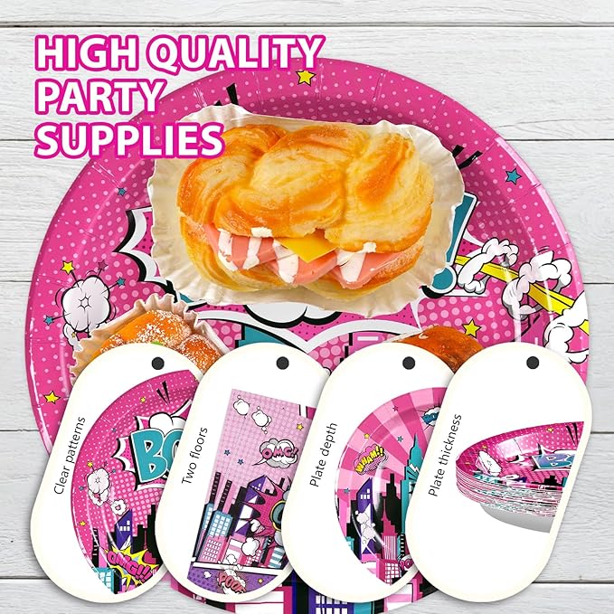 96Pcs Pink Hero Birthday Party Decorations for Girls Hot Pink Comic Hero Plates and Napkins Tableware Sets Super Theme Decorations for Kids Baby Shower Spider Hero's Themed Party Favors Serves 24