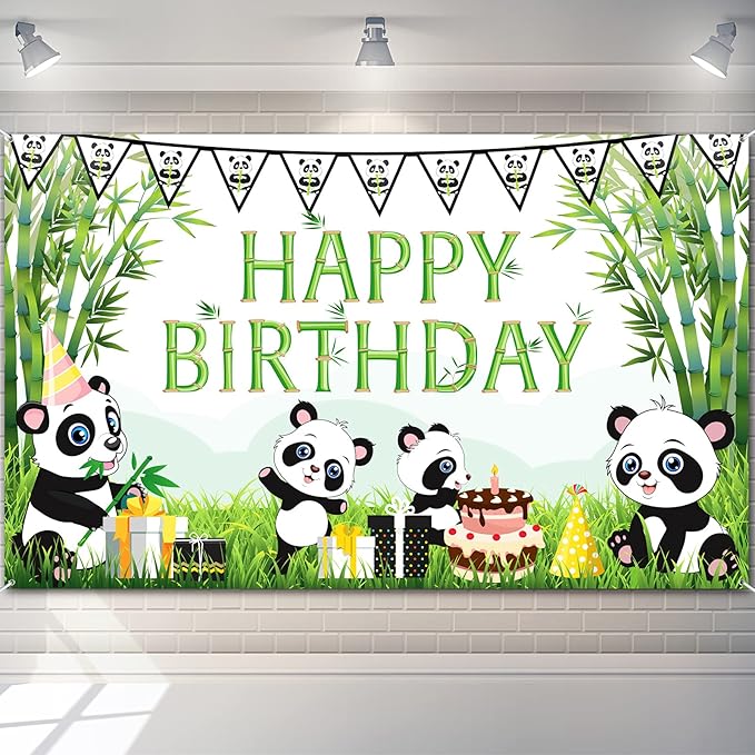 Cartoon Panda Birthday Decorations Panda Backdrop for Party Supplies Animal Themed Banner Green Bamboo Background Baby Shower Photo Background Kids Children Newborn Birthday Party Table Decor