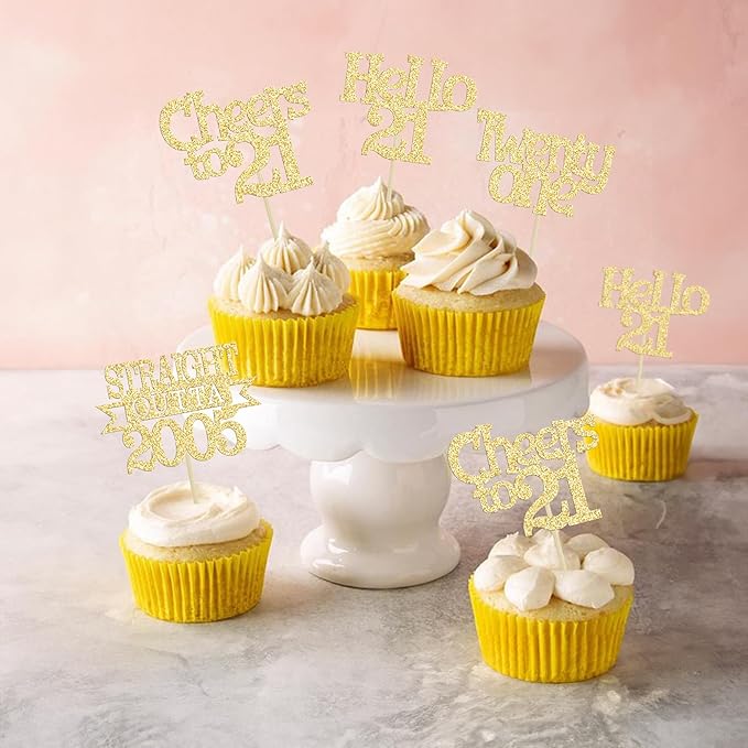 Ephlyn 24Pcs 21st Birthday Cupcake Toppers Glitter Straight Outta 2005 Cupcake Picks Hello 21 Cheers to 21 Years Cake Decorations for 21st Birthday Anniversary Party Decorations Supplies Gold
