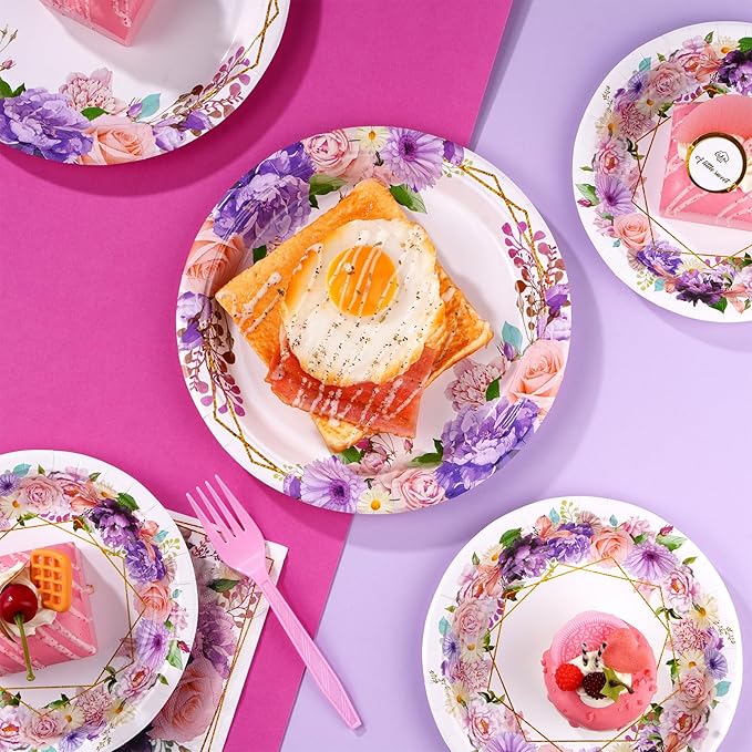 Grencian 96Pcs Spring Floral Party Supplies Pink Purple Flowers Paper Plates and Napkins Disposable Spring Floral Tableware Set for Wedding Bridal Shower Baby Shower Mother’s Day Tea Party, Serves 24