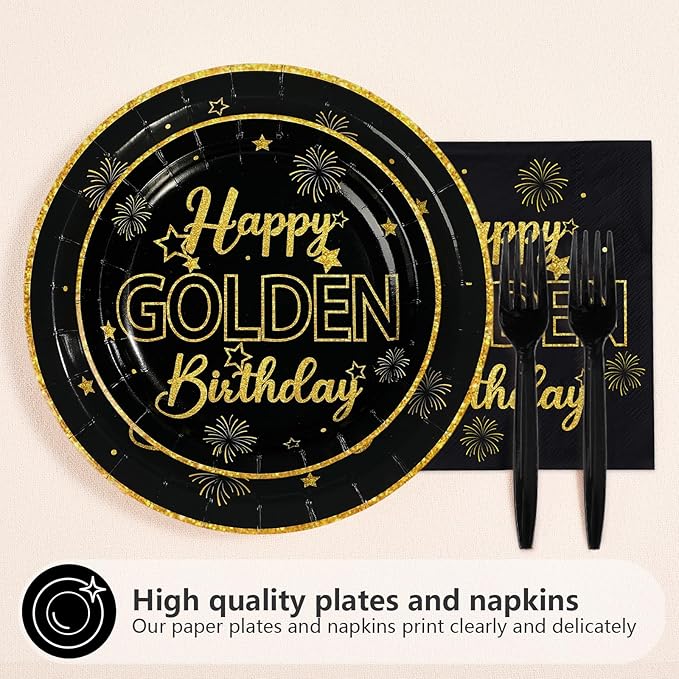 96Pcs Golden Birthday Party Decorations Happy Golden Birthday Paper Plates and Napkins Sets Black and Gold Birthday Decorations for Men Women Bday Party Supplies Serves 24