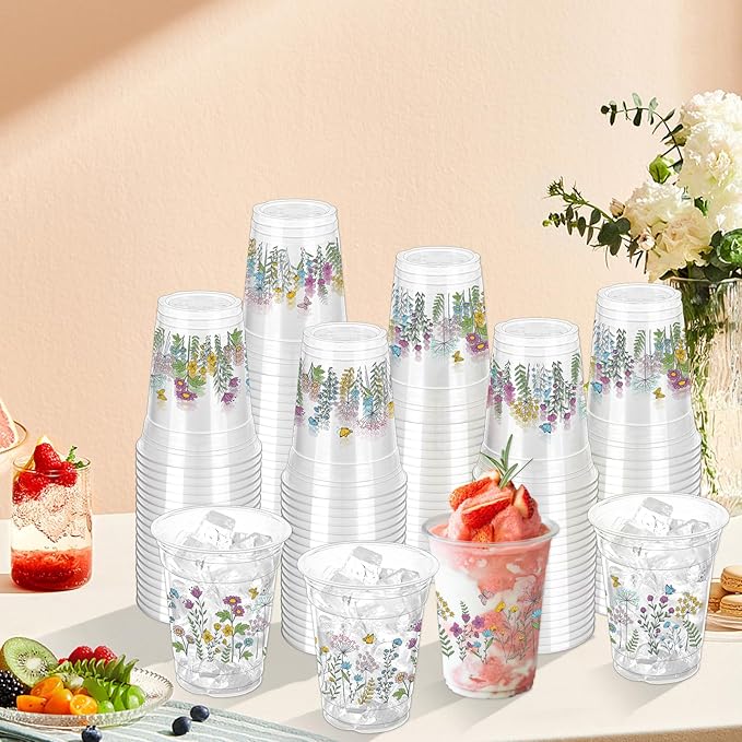 100 Pcs Wildflower Plastic Cups 12 oz Floral Party Cups Vintage Floral Drinking Cup Flower Spring Summer Disposable Cup for Spring Groovy Party Wildflower Baby Shower Birthday Supplies