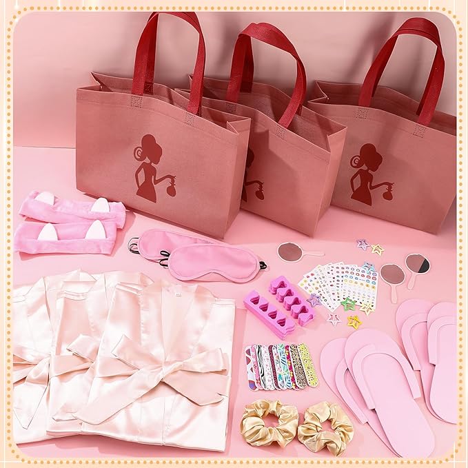 122 Pcs Champagne Pink Girls Spa Party Kit, 10-Pack Slumber Party Favors with Satin Robes, Tote Bags, and Nail Salon Accessories for Kids Spa Birthday, Halloween, Home Party Supplies