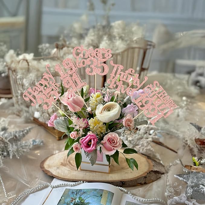 Gyufise 15Pcs Happy 35th Birthday Centerpiece Sticks Thirty Five Straight Outta 1991 Table Flower Centerpieces Sticks Cheers to 35 Decorations for 35th Birthday Party Supplies Rose Gold