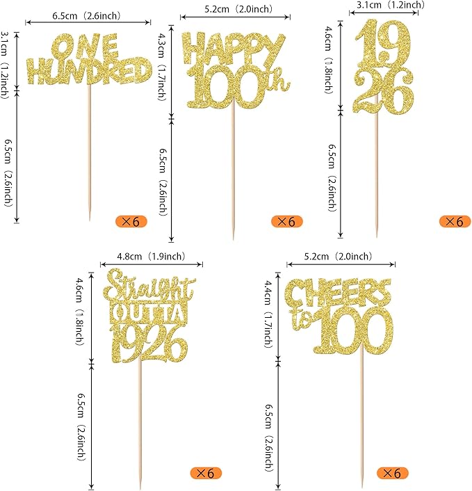 30PCS Happy 100th Birthday Cupcake Toppers Gold Glitter One Hundred Years Straight Outta 1926 Cupcake Picks 100 Fabulous Cake Decorations for 100th Birthday Anniversary Party Decoration Supplies