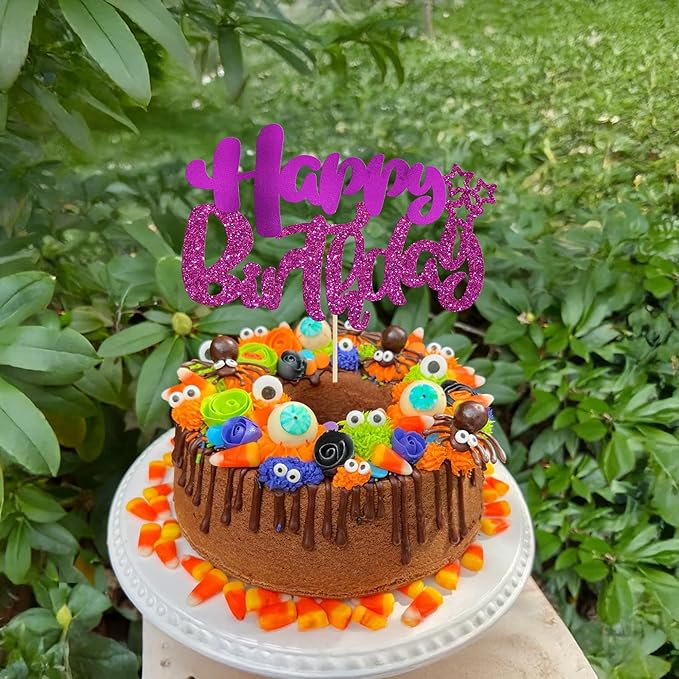 Ephlyn 1Pcs Happy Birthday Cake Topper Glitter Happy Birthday Cake Pick Decorations for Celebrating Baby Shower Theme Kids Boys Girls Anniversary Party Decorations Supplies Purple