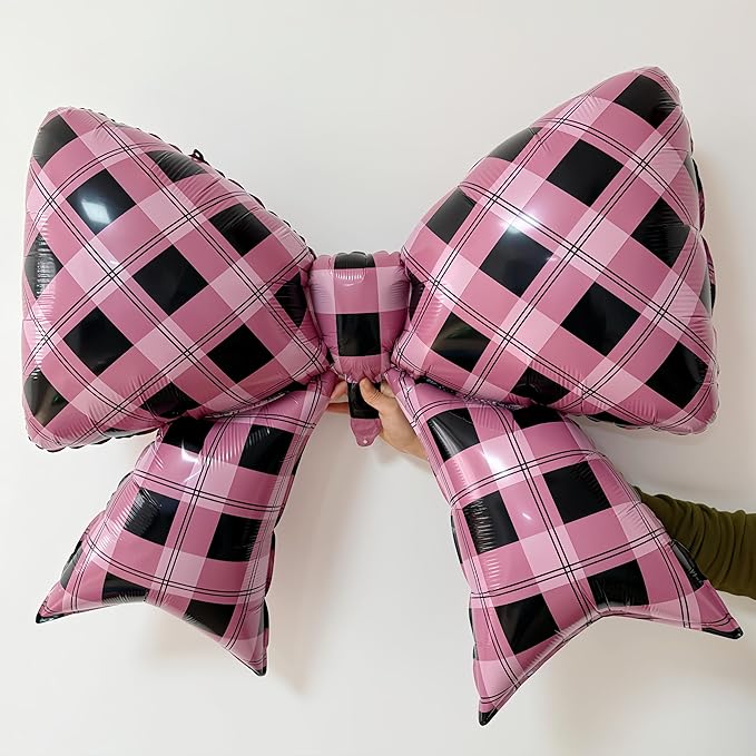 4Pcs Pink Black Gingham Bow Balloons/Sweet Sassy Y2K Party Decor/Bad Two The Bone Party/Korean Idol Demon Hunters/Little Devil Aesthetic/Bad Girl Birthday/Checkered Plaid Foil Balloon/Night Out Decor