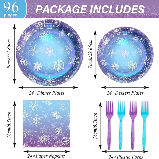 96 Pcs Winter Snowflake Paper Plates and Napkins Blue Purple Snowflake Disposable Tableware Winter Wonderland Dinnerware for Christmas New Year Birthday Party Decor Supplies
