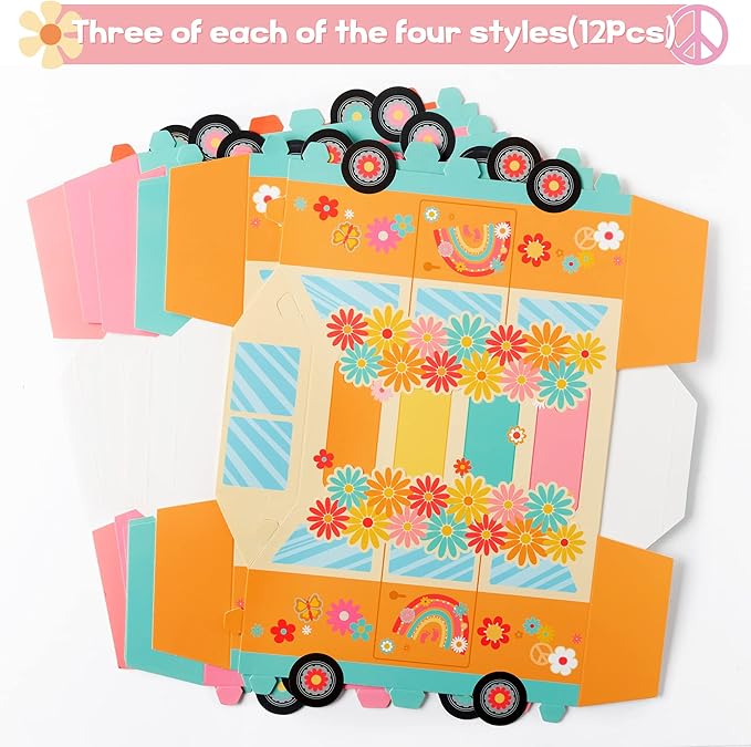 ANGOLIO 12Pcs Groovy Party Favor Boxes Groovy Hippie Peace Bus Centerpiece Birthday Party Decorations Peace Signs Daisies Rainbows for Baby Girls Kids Boho Hippie Birthday Decoration Supplies