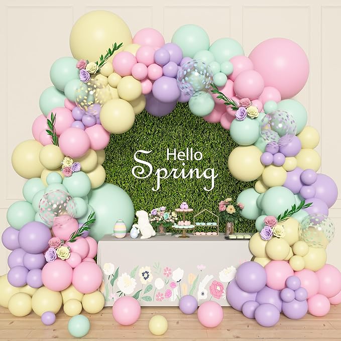 Amandir 153pcs Pastel Balloons Garland Arch Kit, Different Sizes 18 12 10 5inch Pastel Pink Yellow Green Purple Confetti Easter Balloons for Bunny Hunt Spring Baby Shower Birthday Party Decorations