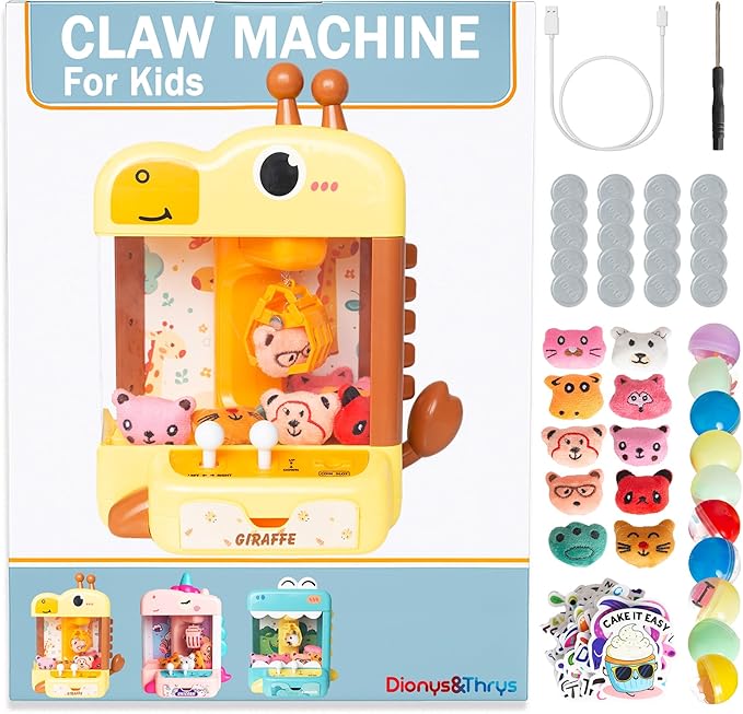 Claw Machine for Kids - Mini Arcade Game - Vending Machine - Candy Grabber Toys - Silent Mode, Lights, USB - Plush Toys & Easter Eggs, Surprise Stickers - Fun Gift for Kids, Boys & Girls (Giraffe)