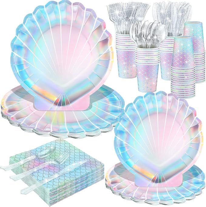 Cunhill 144 Pcs Mermaid Birthday Party Supplies Tableware Includes Mermaids Plates Napkins Cups Spoons Fork Knives for Under The Sea Party Baby Shower Dinnerware Decorations Set